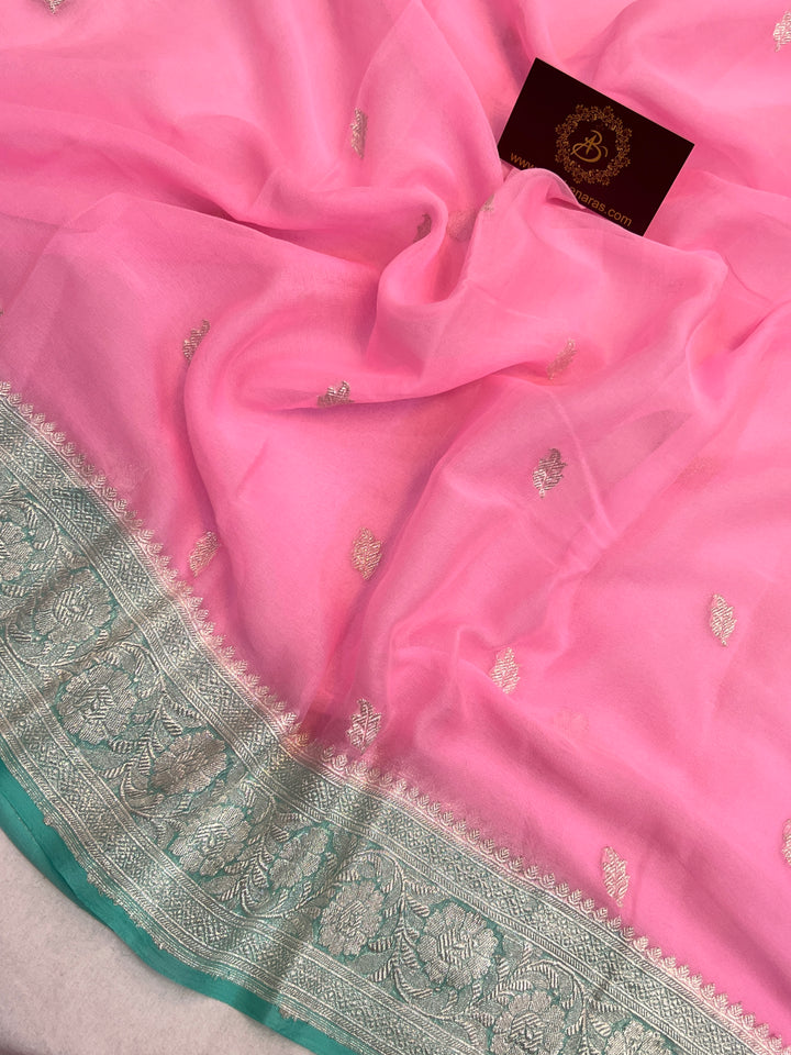 Baby Pink Khaddi Chiffon Banarasi Handloom Saree