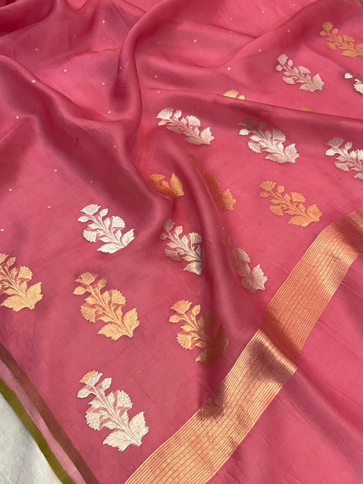 Onion pink Pure Kora Silk Handloom Banarasi Saree