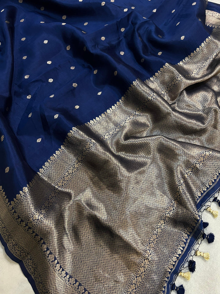 Navy Blue Pure Banarasi Handloom Silk Saree - Aura Benaras