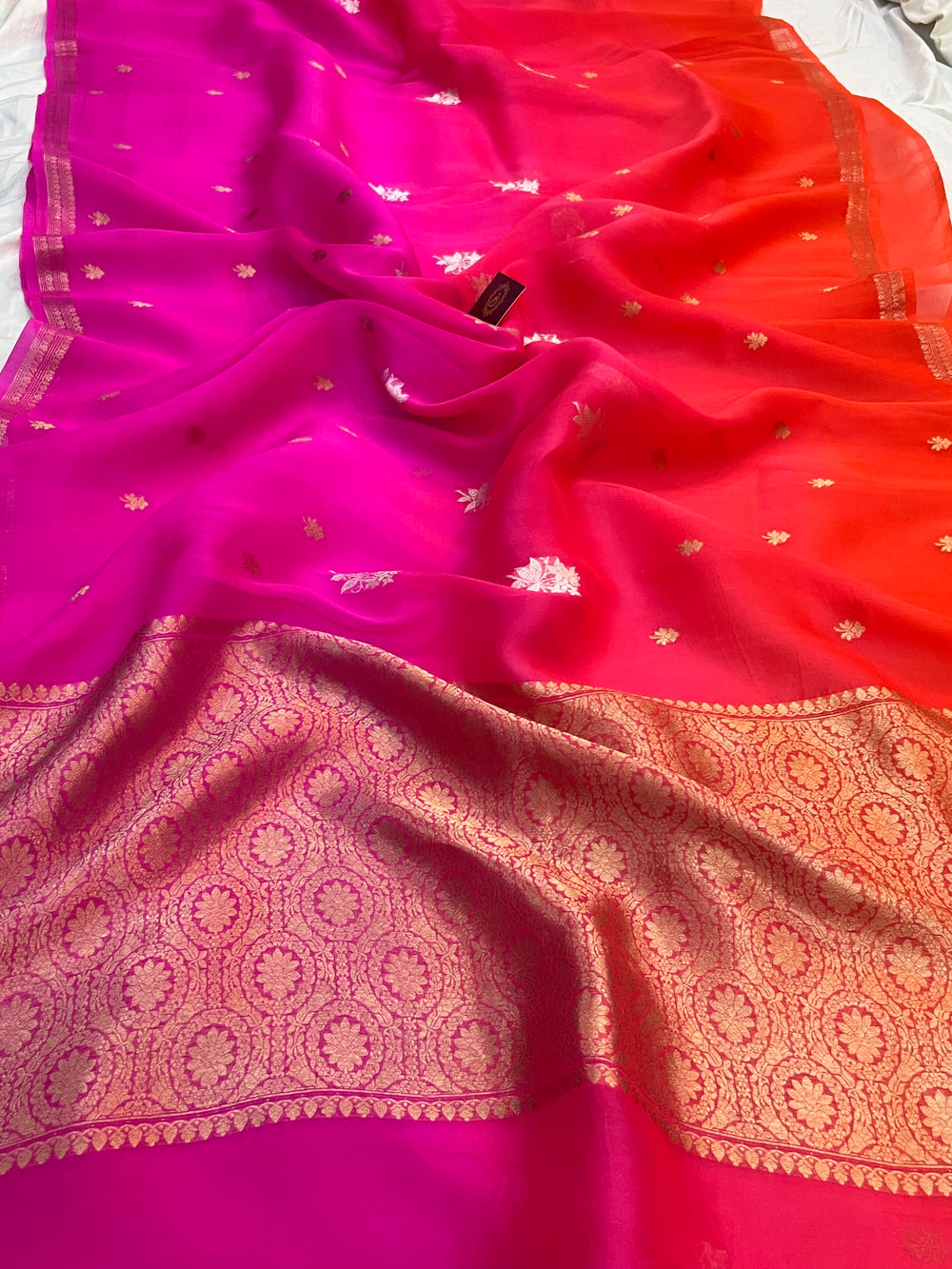 Red-Pink Shaded Pure Kora Silk Handloom Banarasi Saree