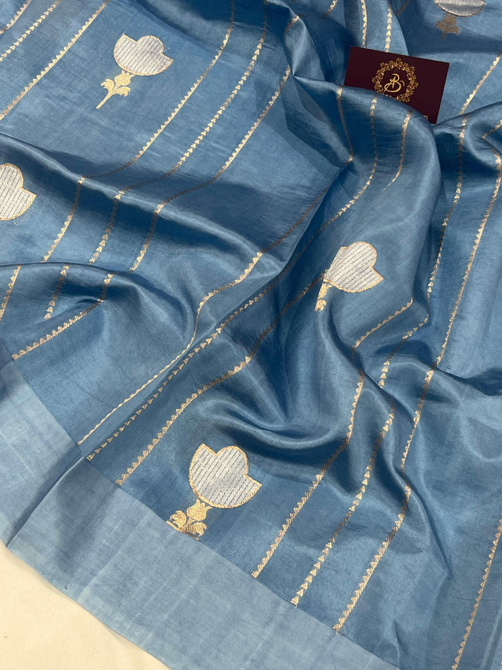 Airforce Blue Pure Banarasi Handloom Silk Saree - Aura Benaras