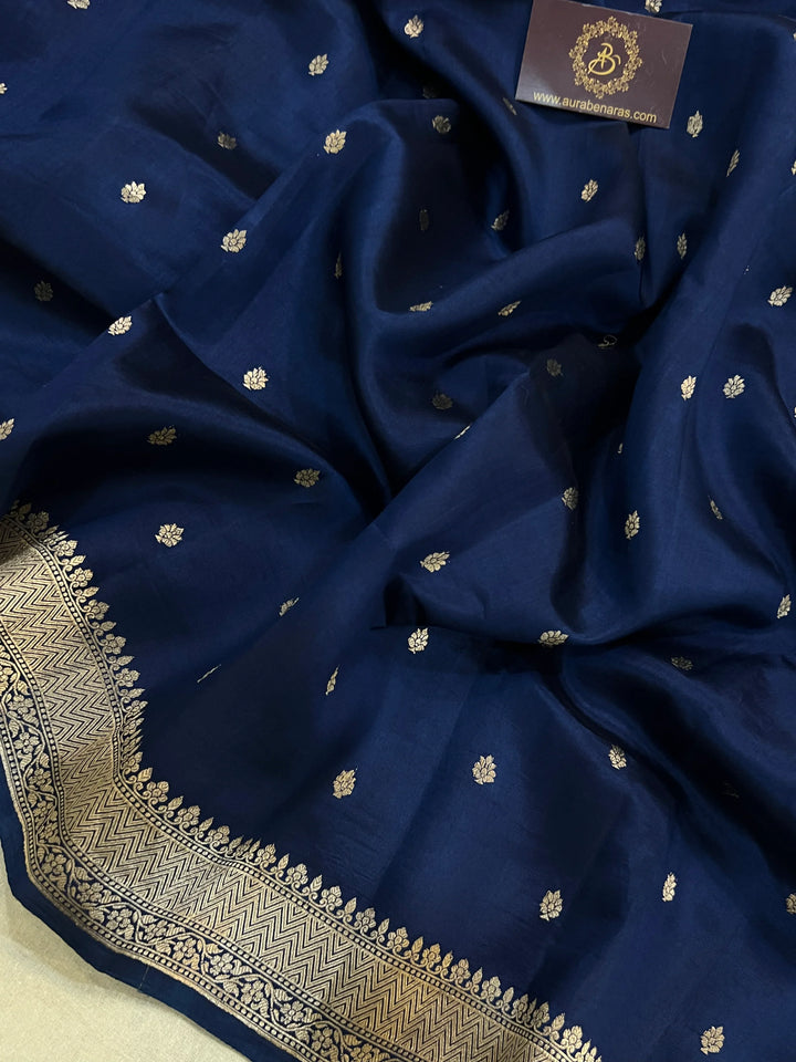 Navy Blue Pure Banarasi Handloom Silk Saree - Aura Benaras