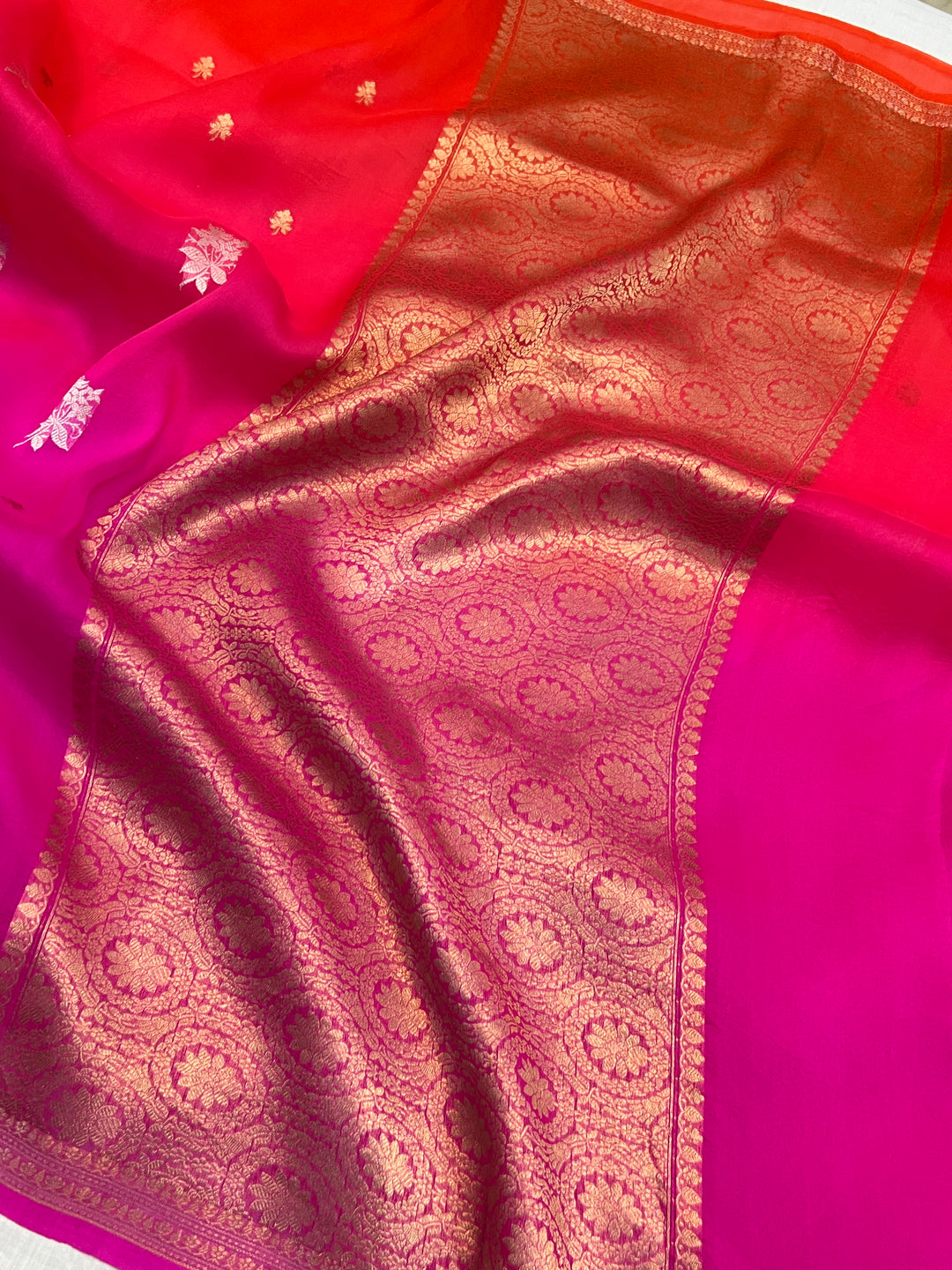 Red-Pink Shaded Pure Kora Silk Handloom Banarasi Saree