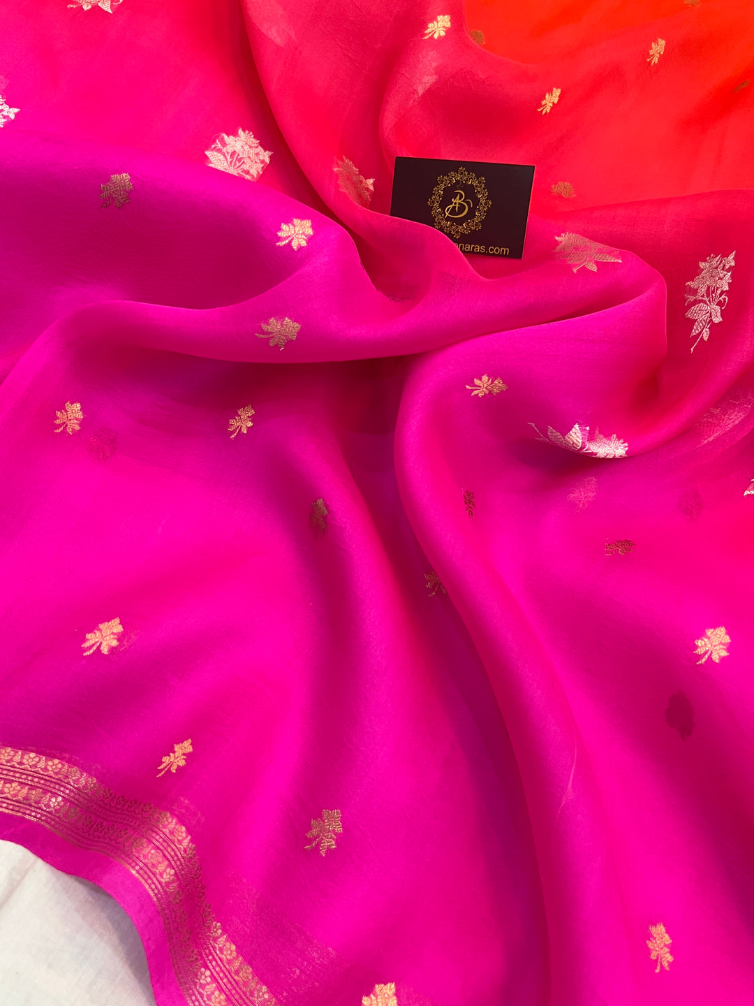Red-Pink Shaded Pure Kora Silk Handloom Banarasi Saree