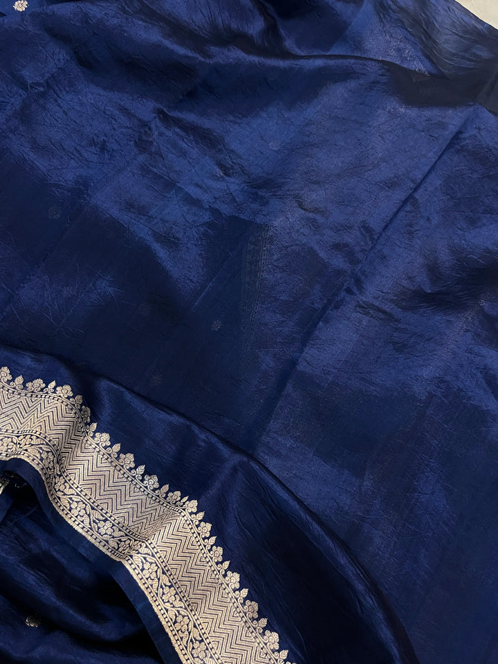 Navy Blue Pure Banarasi Handloom Silk Saree - Aura Benaras