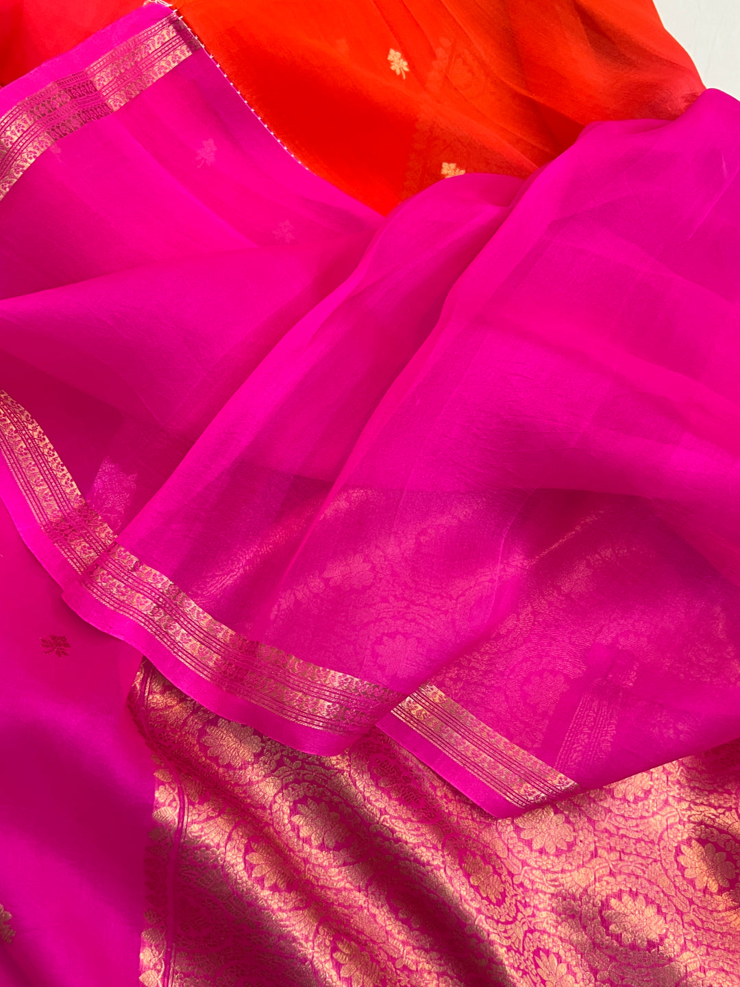Red-Pink Shaded Pure Kora Silk Handloom Banarasi Saree