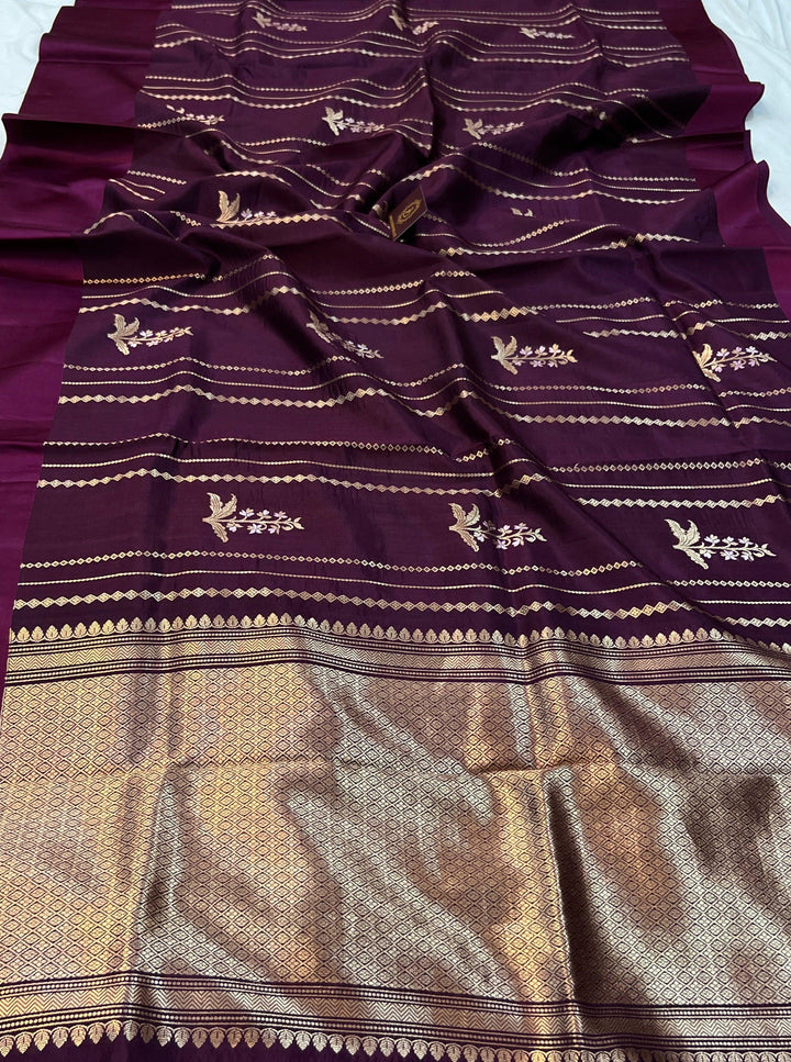 Wine Pure Banarasi Handloom Silk Saree - Aura Benaras
