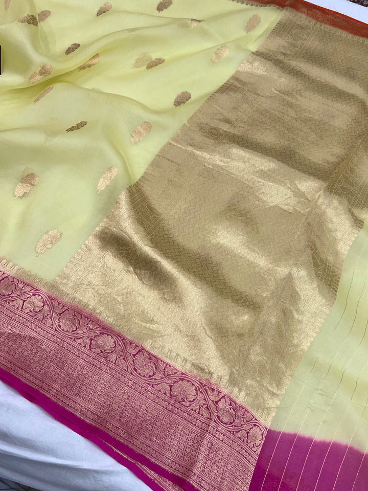Pastel Yellow Banarasi Handloom Kora Silk Saree