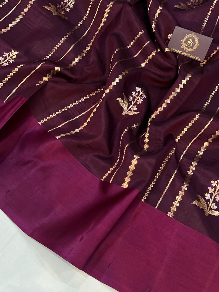 Wine Pure Banarasi Handloom Silk Saree - Aura Benaras