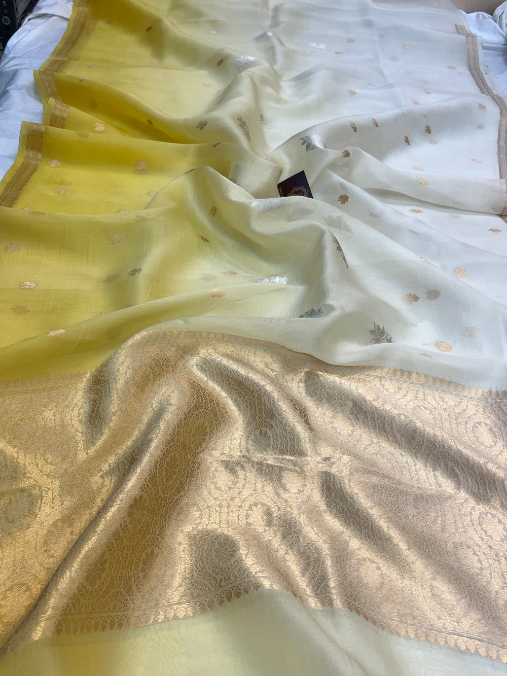 White-Yellow Shaded Pure Kora Silk Handloom Banarasi Saree
