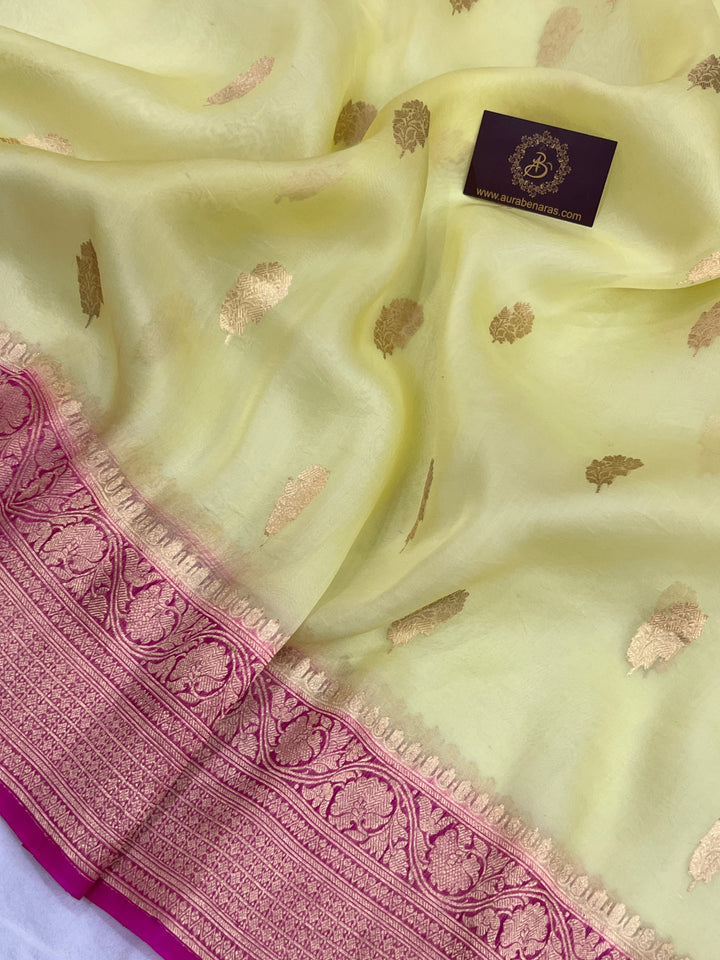 Pastel Yellow Banarasi Handloom Kora Silk Saree