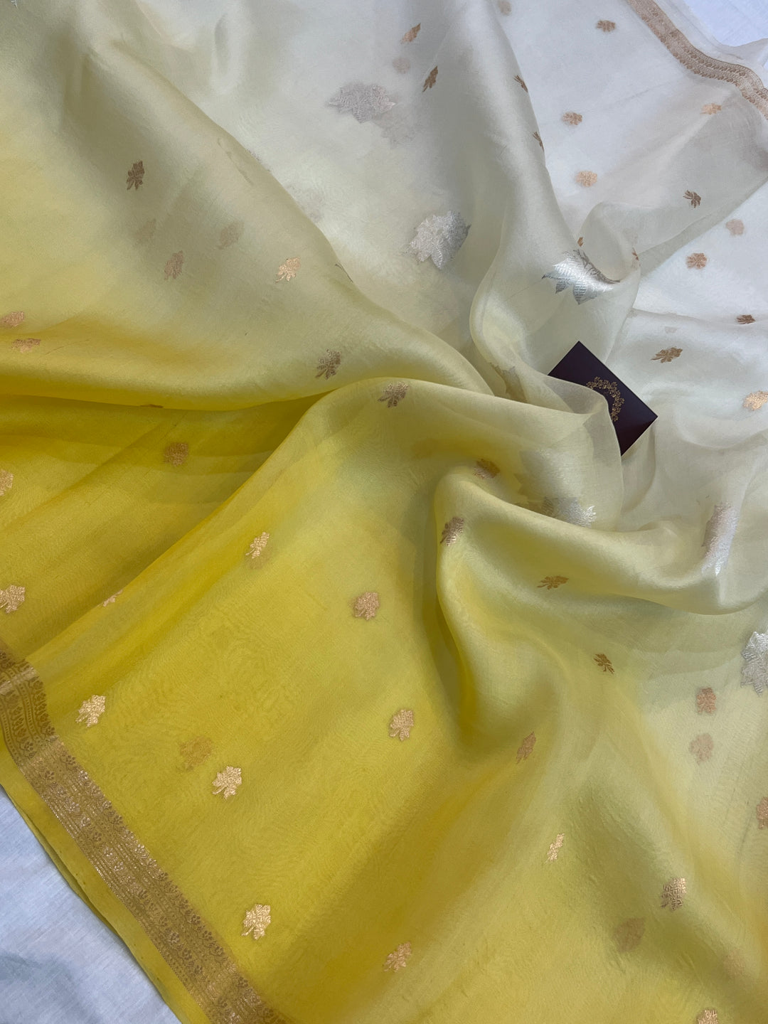 White-Yellow Shaded Pure Kora Silk Handloom Banarasi Saree