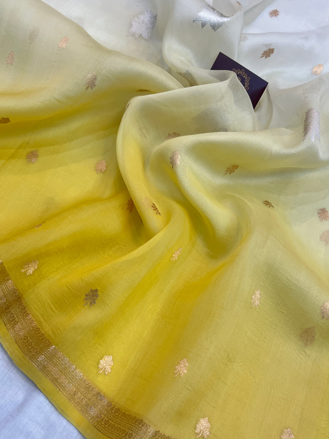 White-Yellow Kora Silk Banarasi Saree Kadhwa Zari Weave