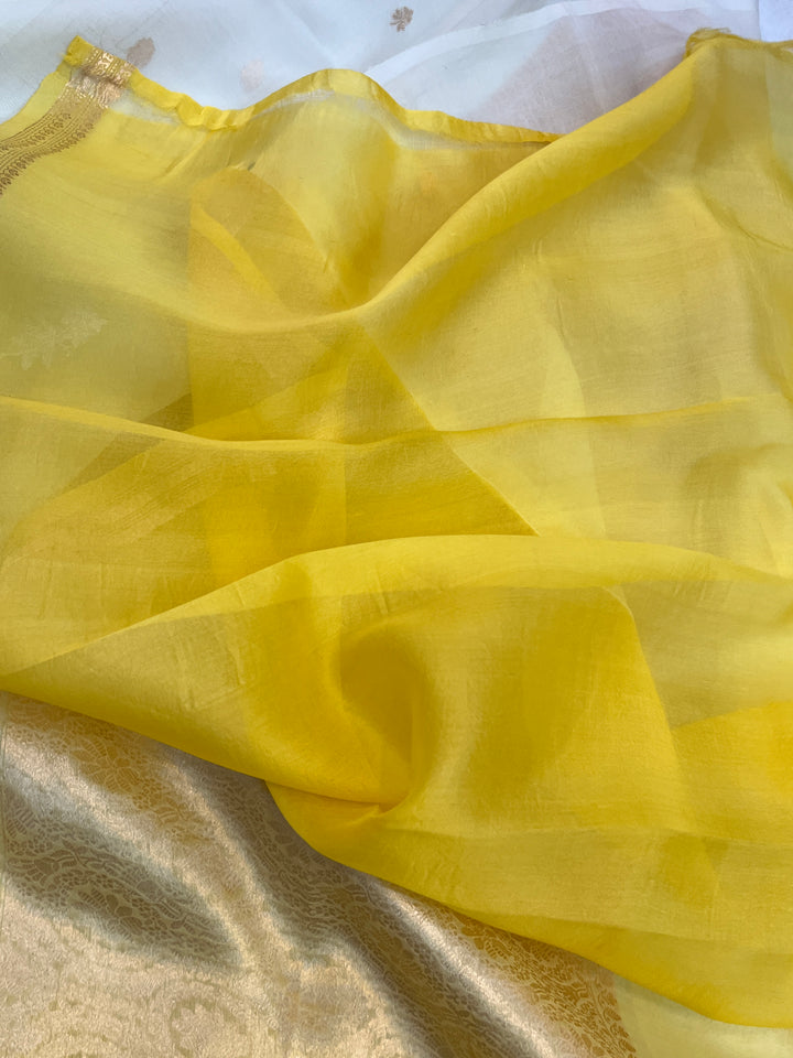 White-Yellow Shaded Pure Kora Silk Handloom Banarasi Saree