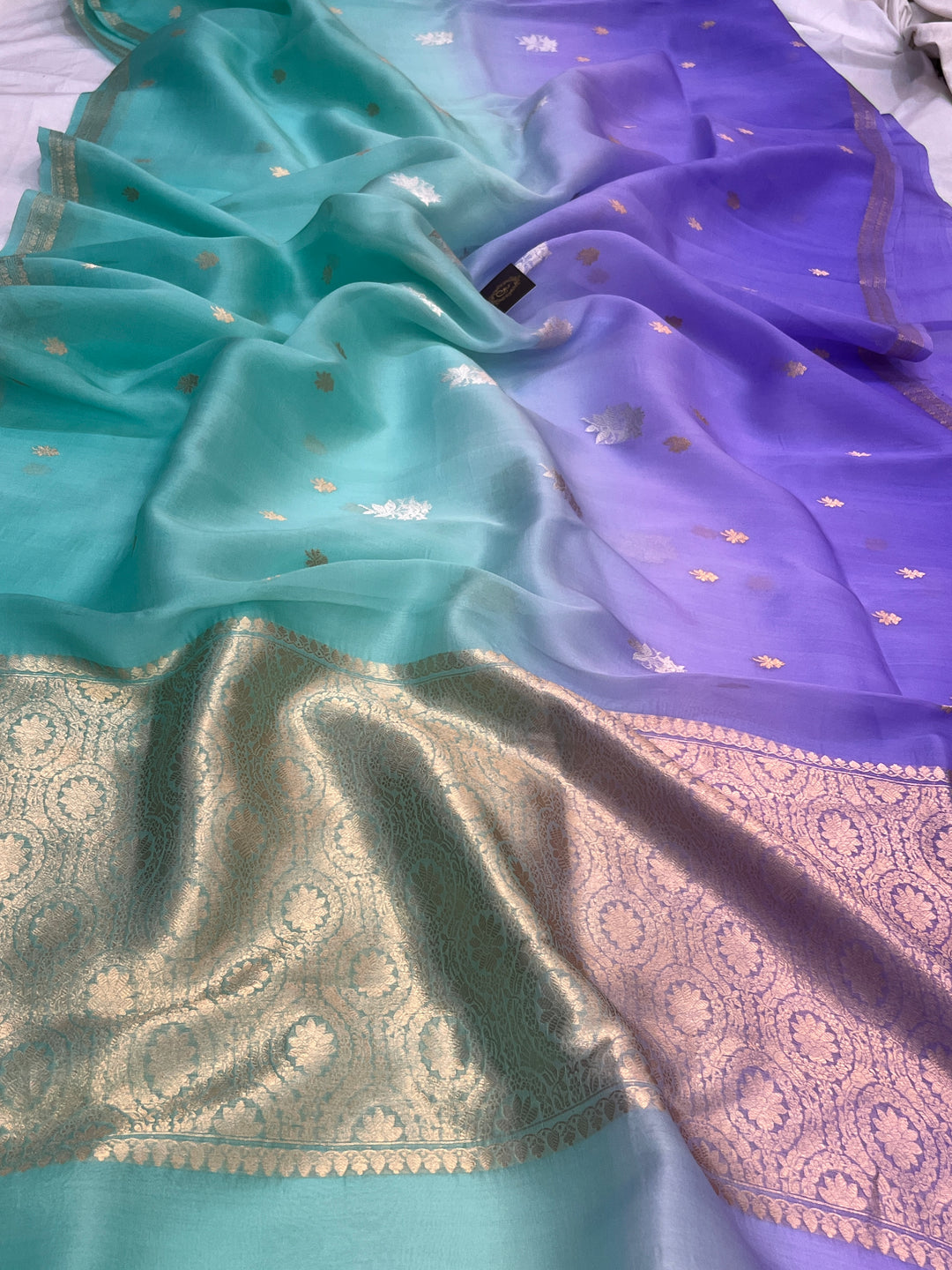 Purple-Sea Green Shaded Pure Kora Silk Handloom Banarasi Saree