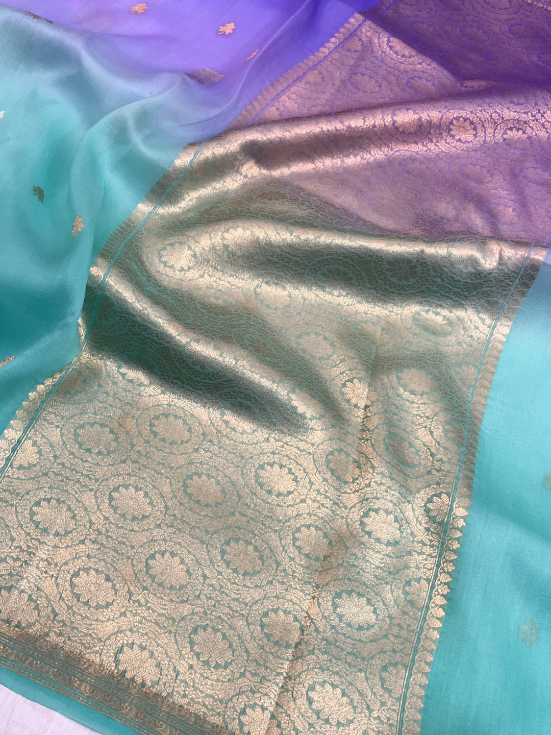 Purple-Sea Green Shaded Pure Kora Silk Handloom Banarasi Saree
