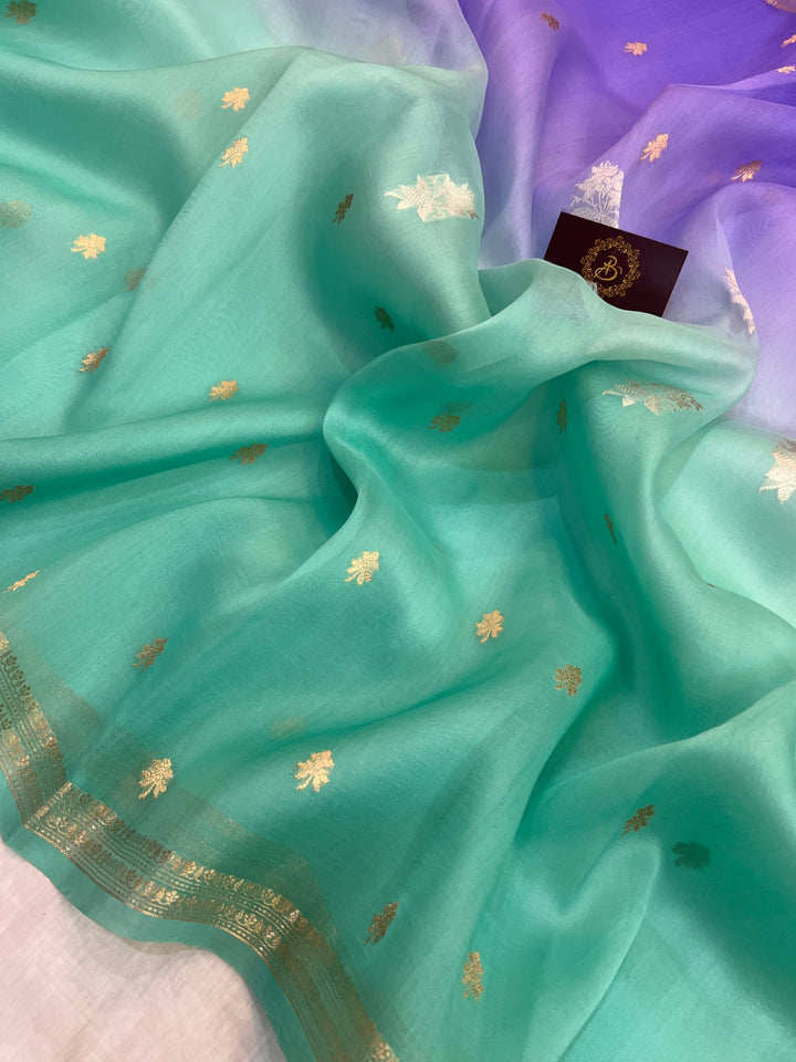 Purple-Sea Green Shaded Pure Kora Silk Handloom Banarasi Saree