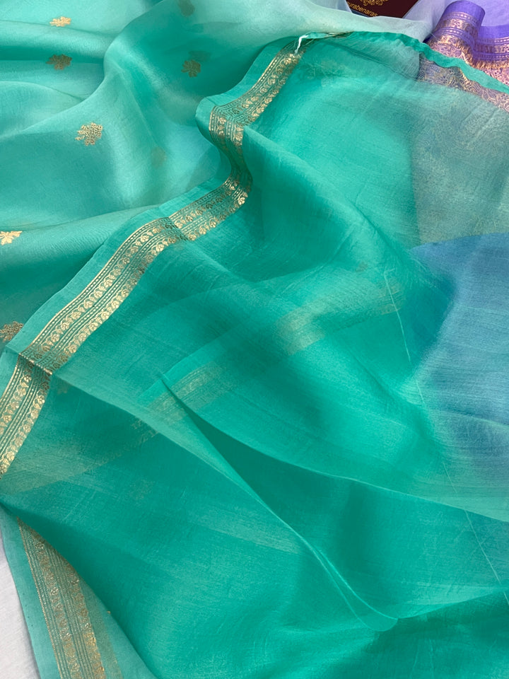 Purple-Sea Green Shaded Pure Kora Silk Handloom Banarasi Saree