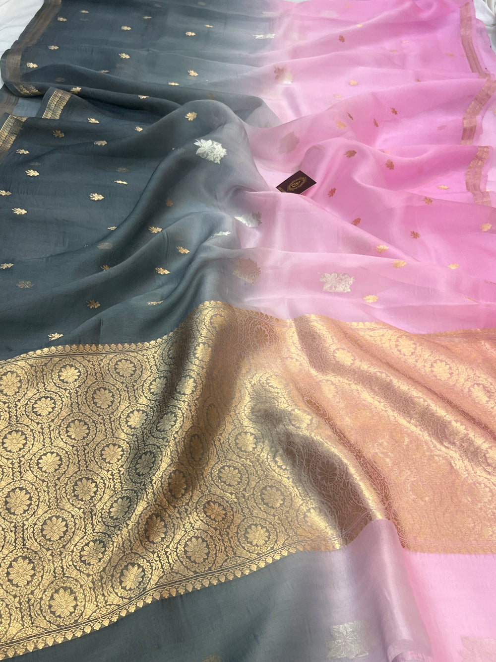 Baby Pink-Grey Shaded Pure Kora Silk Handloom Banarasi Saree
