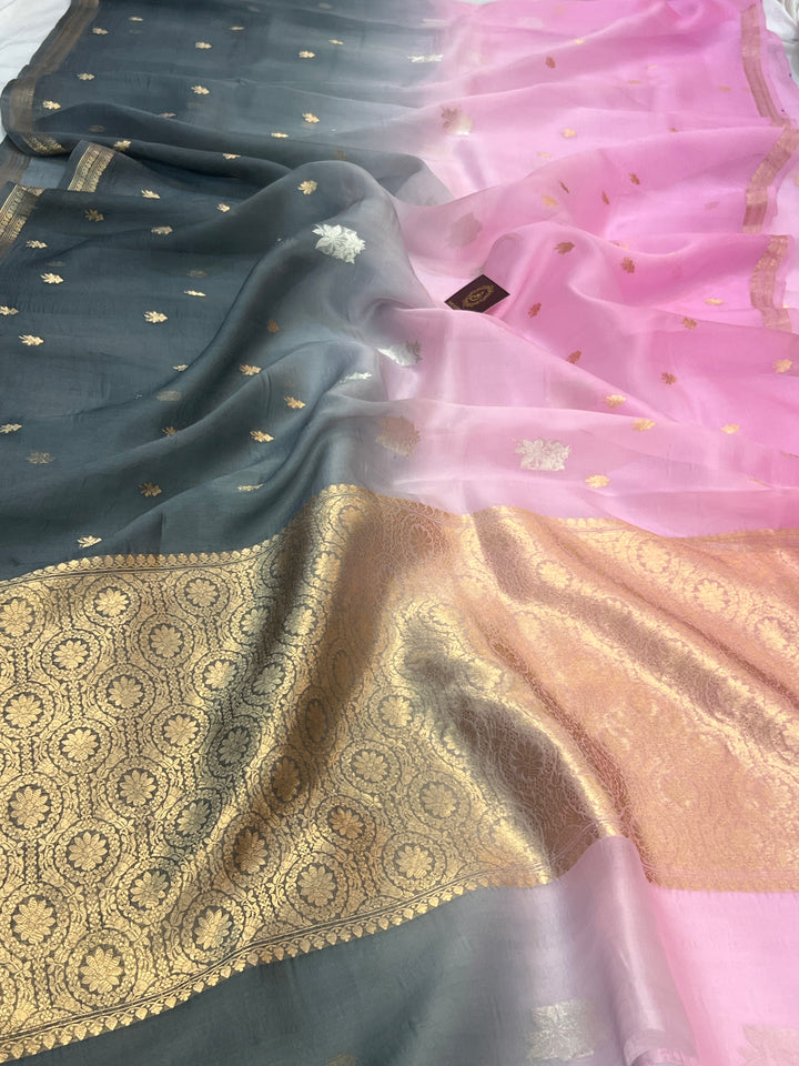 Baby Pink-Grey Shaded Pure Kora Silk Handloom Banarasi Saree