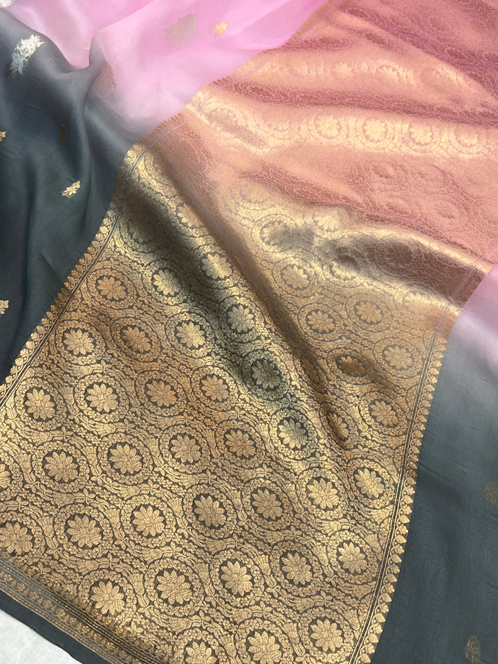 Baby Pink-Grey Shaded Pure Kora Silk Handloom Banarasi Saree