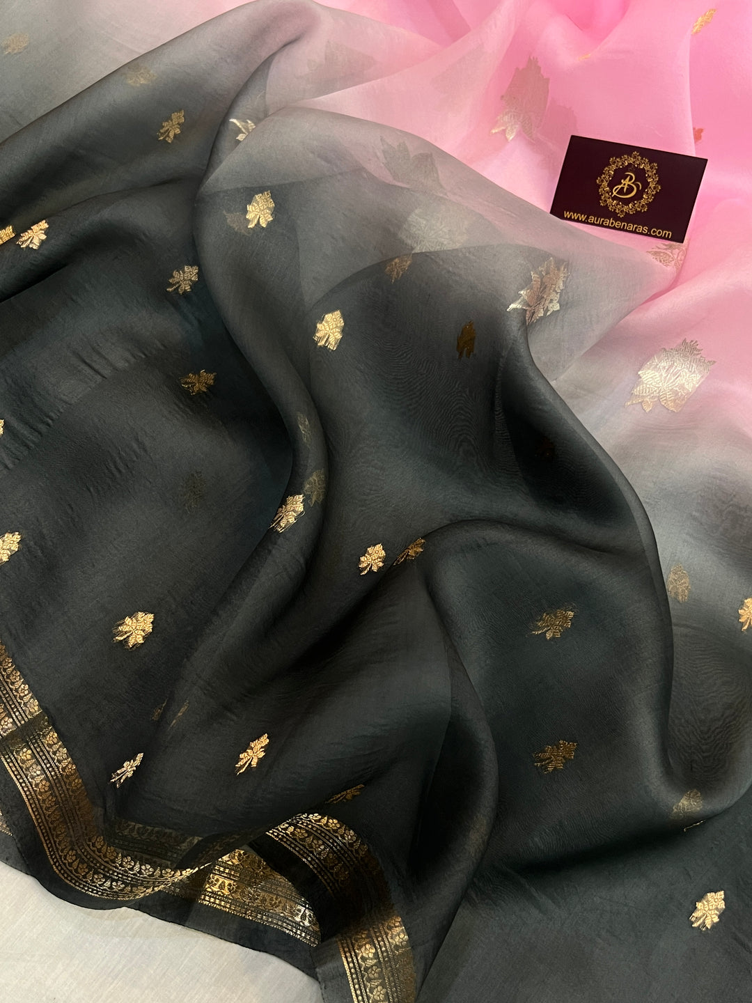 Baby Pink-Grey Shaded Pure Kora Silk Handloom Banarasi Saree