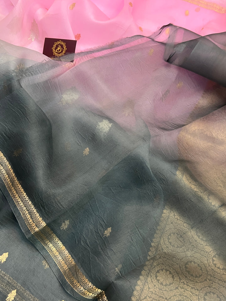Baby Pink-Grey Shaded Pure Kora Silk Handloom Banarasi Saree