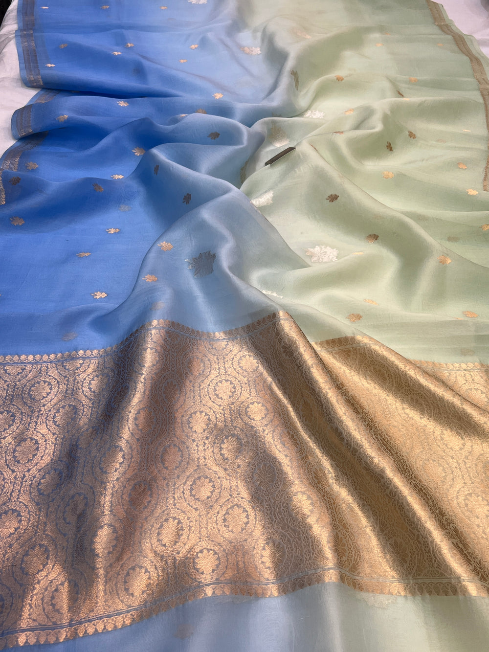 Mint Green-Blue Shaded Pure Kora Silk Handloom Banarasi Saree
