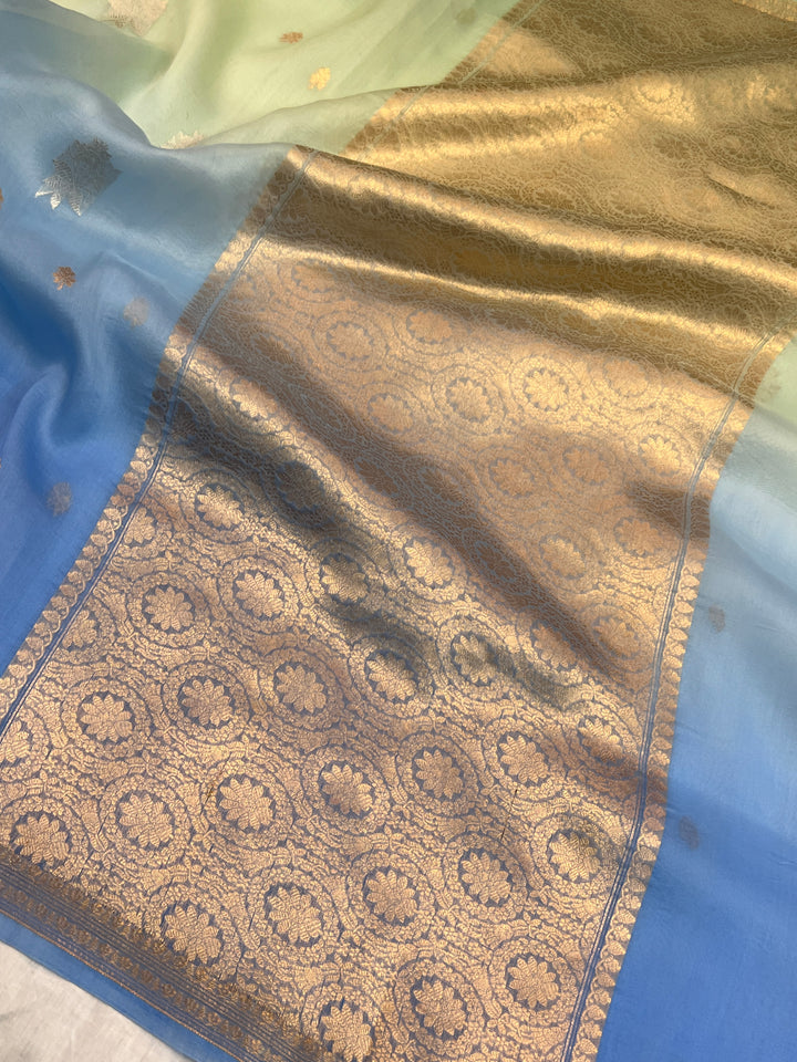 Mint Green-Blue Shaded Pure Kora Silk Handloom Banarasi Saree