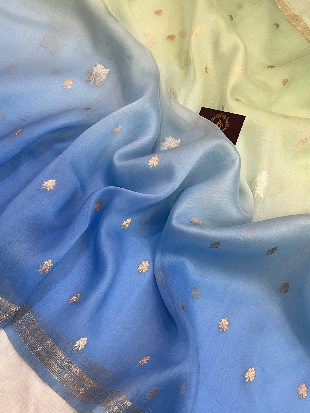 Mint Green-Blue Shaded Pure Kora Silk Handloom Banarasi Saree