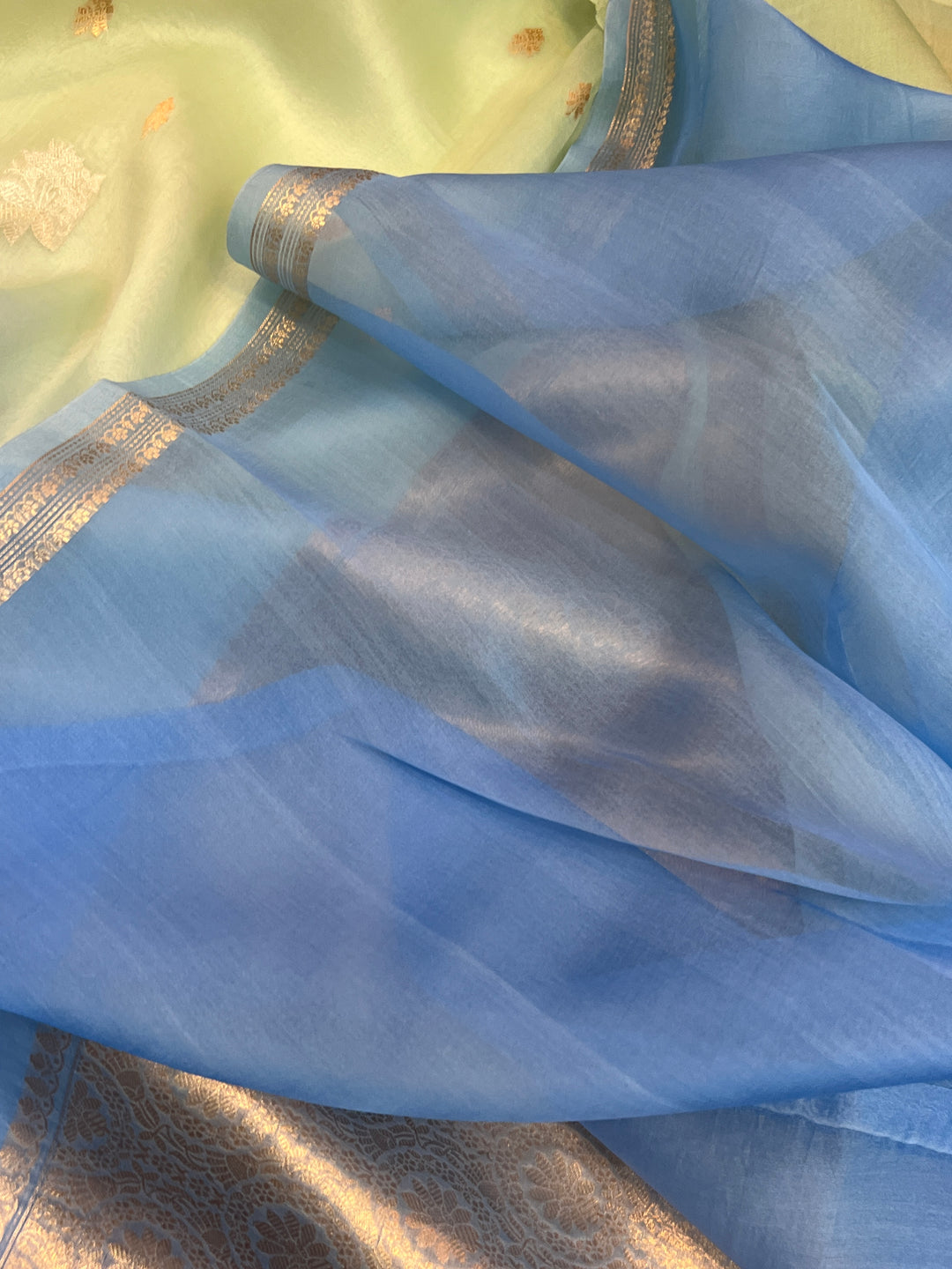 Mint Green-Blue Shaded Pure Kora Silk Handloom Banarasi Saree