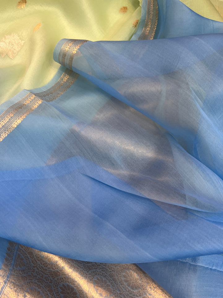 Mint Green-Blue Shaded Pure Kora Silk Handloom Banarasi Saree