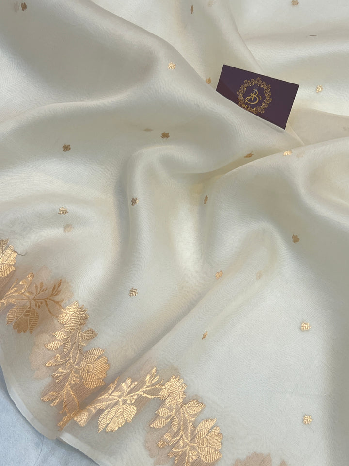 Off White Pure Kora Silk Handloom Banarasi Saree