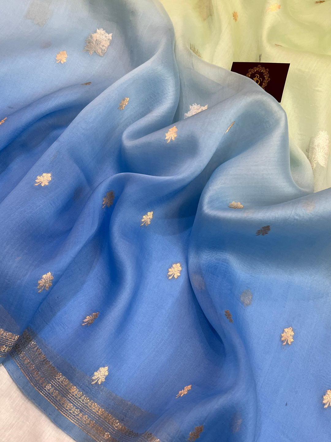 Mint Green - Blue Kora Silk Banarasi Saree Kadhwa Zari Weave