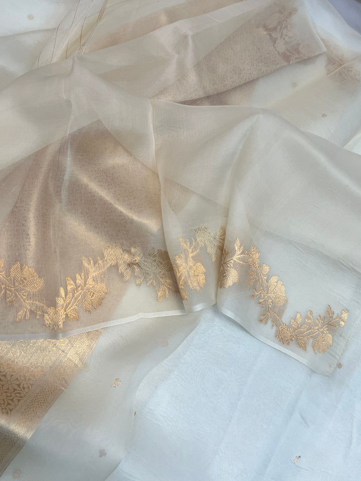 Off White Pure Kora Silk Handloom Banarasi Saree