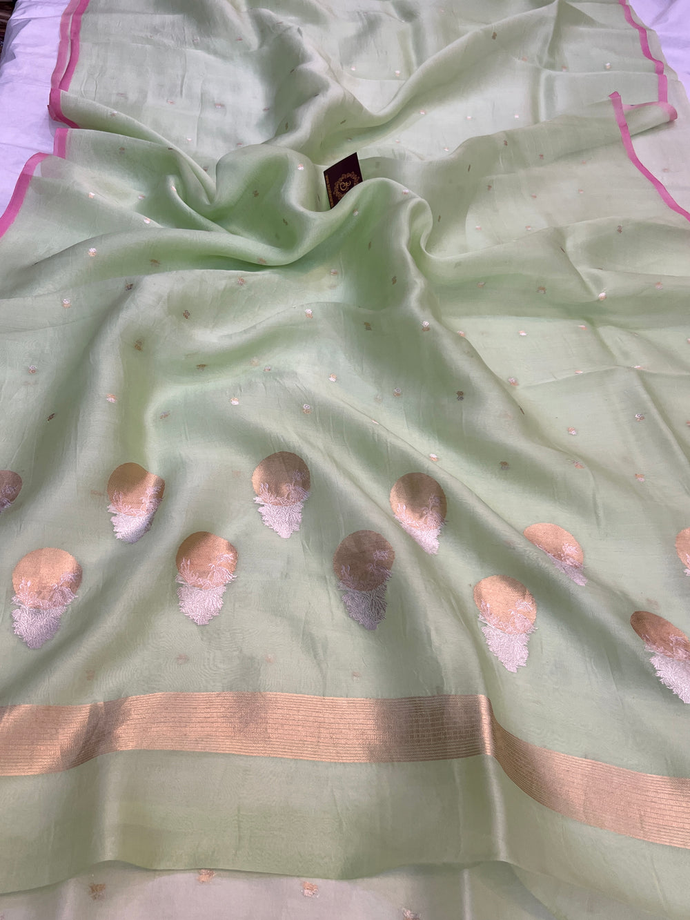 Pastel Mint Green Pure Kora Silk Handloom Banarasi Saree