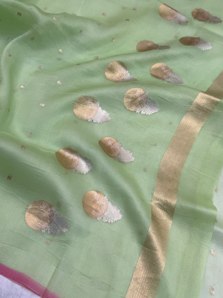 Pastel Mint Green Pure Kora Silk Handloom Banarasi Saree