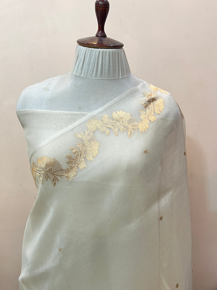 Off White Pure Kora Silk Handloom Banarasi Saree