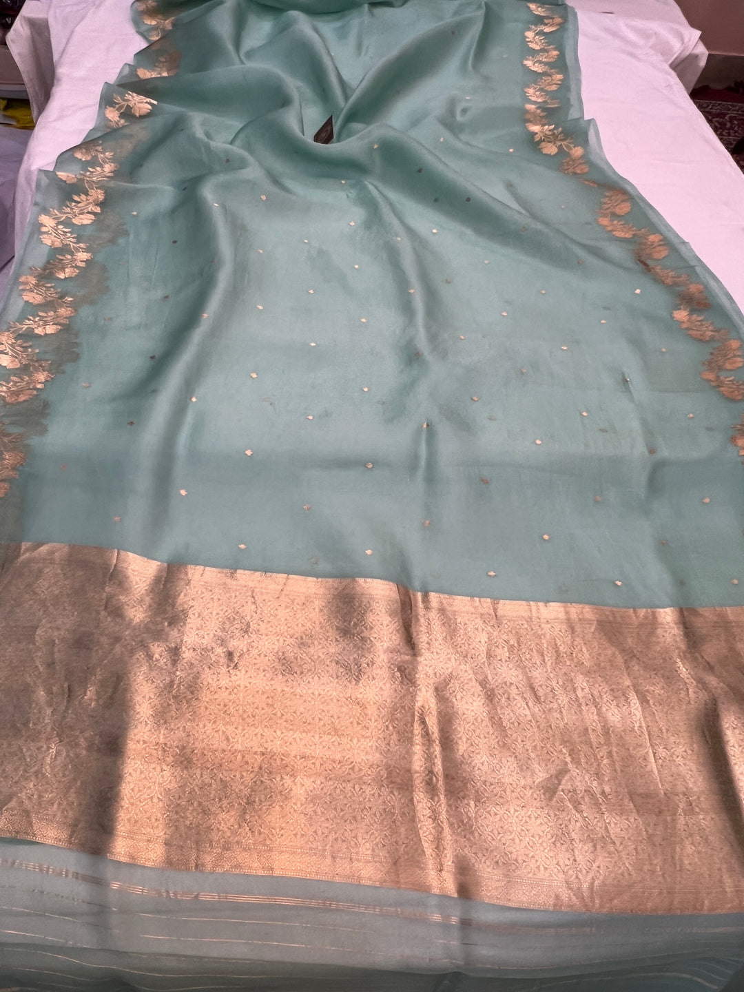 Sage Blue Pure Kora Silk Handloom Banarasi Saree