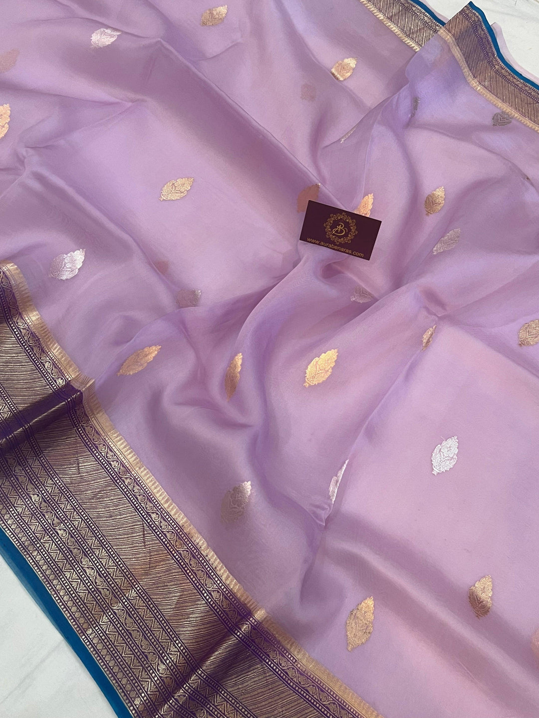 Lavender Banarasi Handloom Kora Silk Saree - Aura Benaras