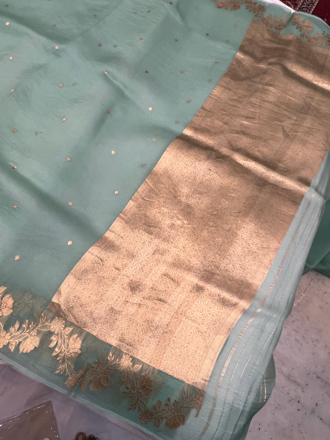 Sage Blue Pure Kora Silk Handloom Banarasi Saree