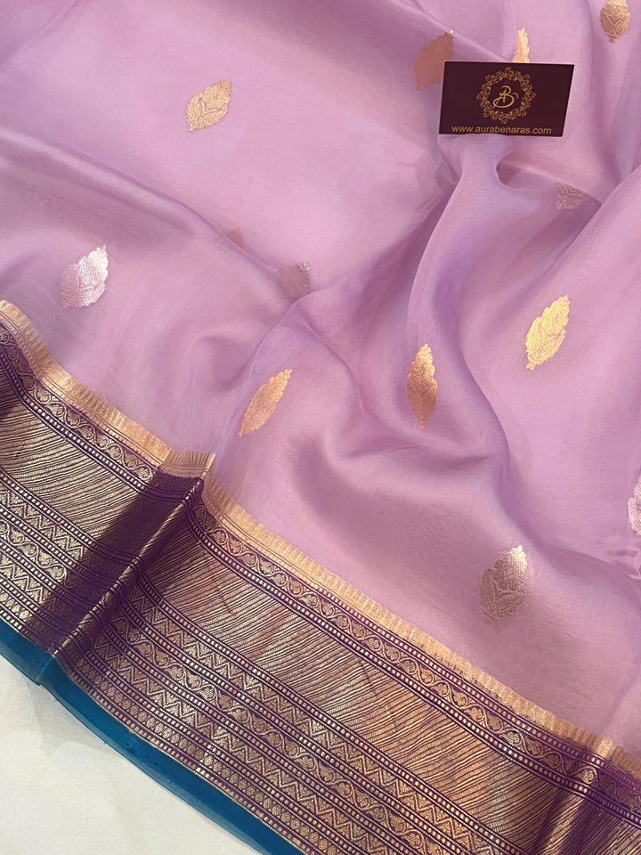 Lavender Banarasi Handloom Kora Silk Saree - Aura Benaras