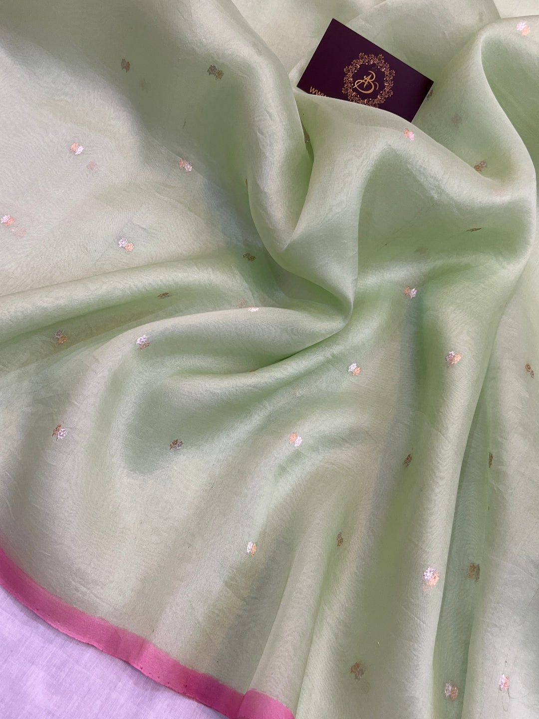 Pastel Mint Green Kora Silk Banarasi Saree Kadhwa Butis 