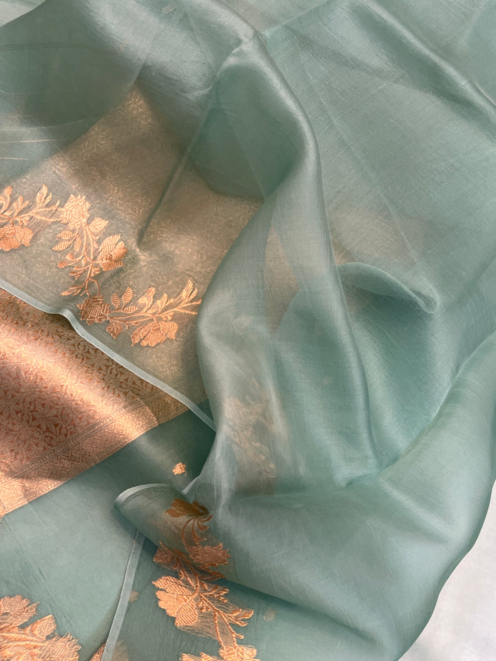 Sage Blue Pure Kora Silk Handloom Banarasi Saree