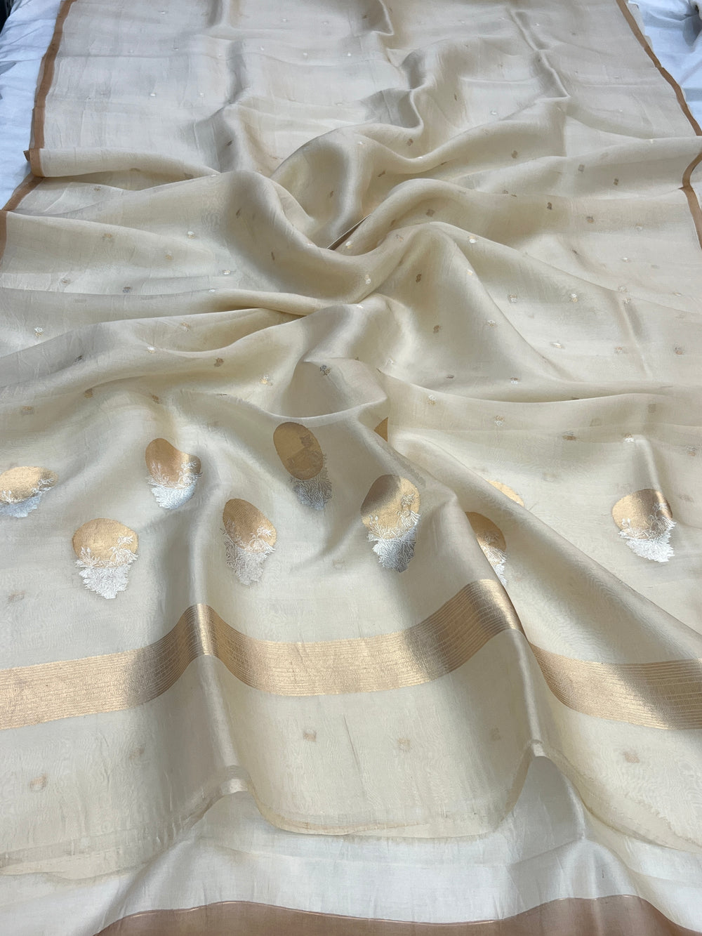 Cream Pure Kora Silk Handloom Banarasi Saree
