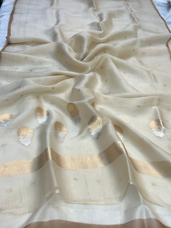 Cream Pure Kora Silk Handloom Banarasi Saree