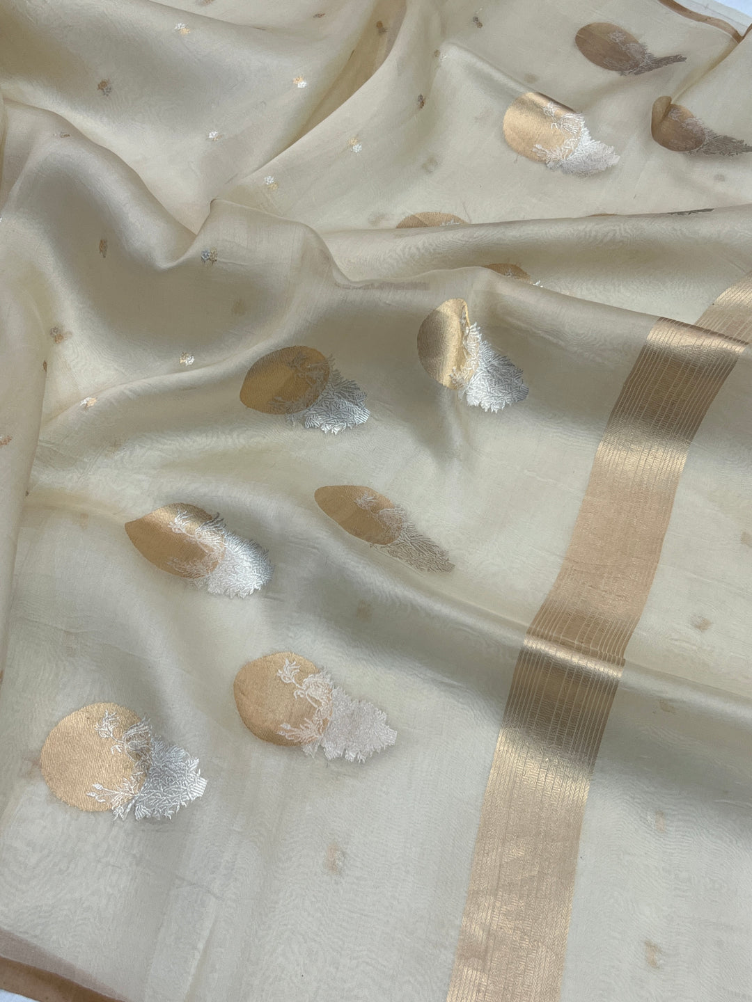 Cream Pure Kora Silk Handloom Banarasi Saree