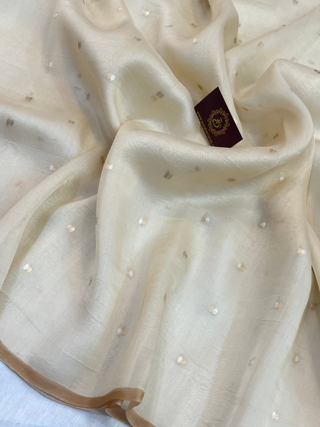 Cream Pure Kora Silk Handloom Banarasi Saree