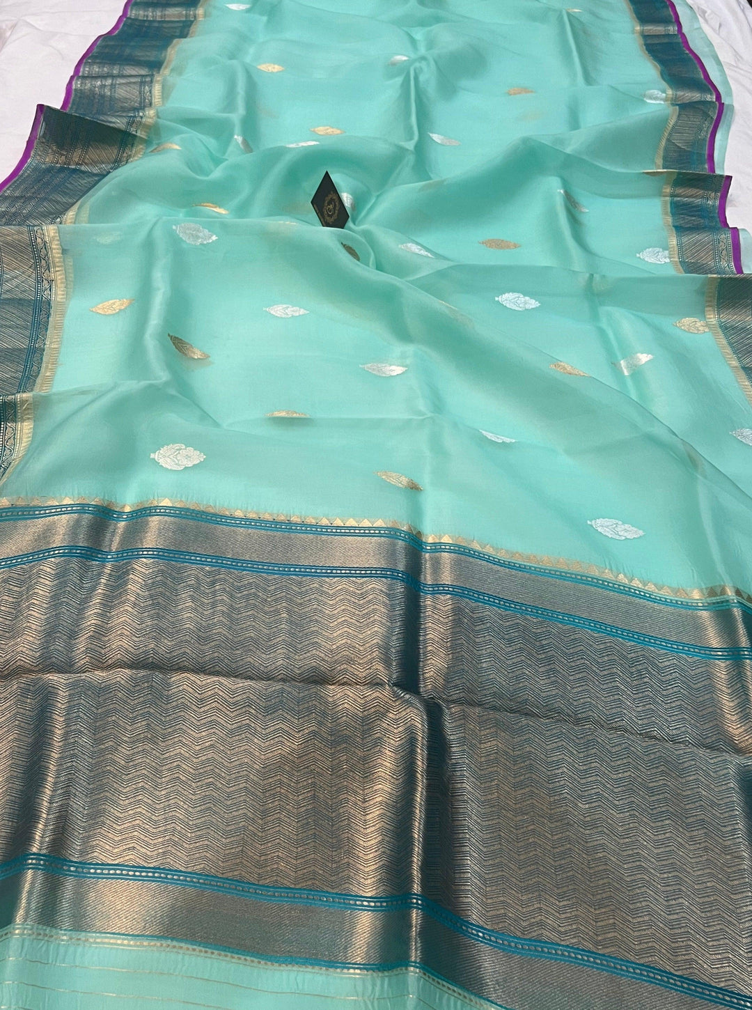 Aqua Blue Banarasi Handloom Kora Silk Saree - Aura Benaras