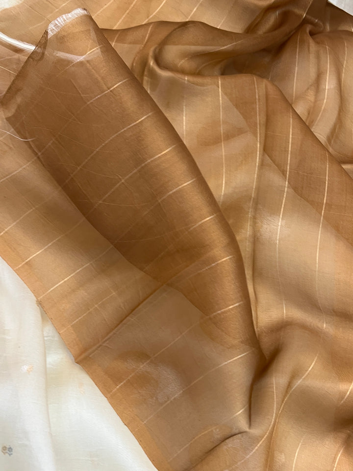 Cream Pure Kora Silk Handloom Banarasi Saree